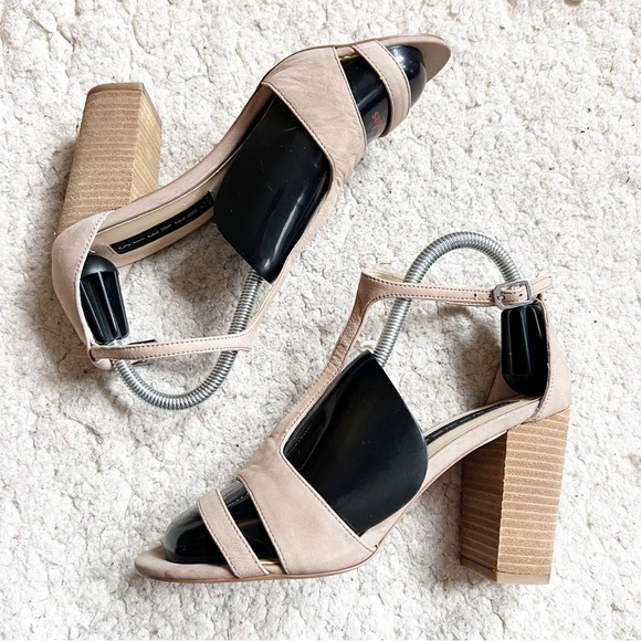 Steven: DarkTan/Beige Leather Ankle Strap "Olyvia" Block Heeled Sandals Sz 7.5 - Picture 1 of 10
